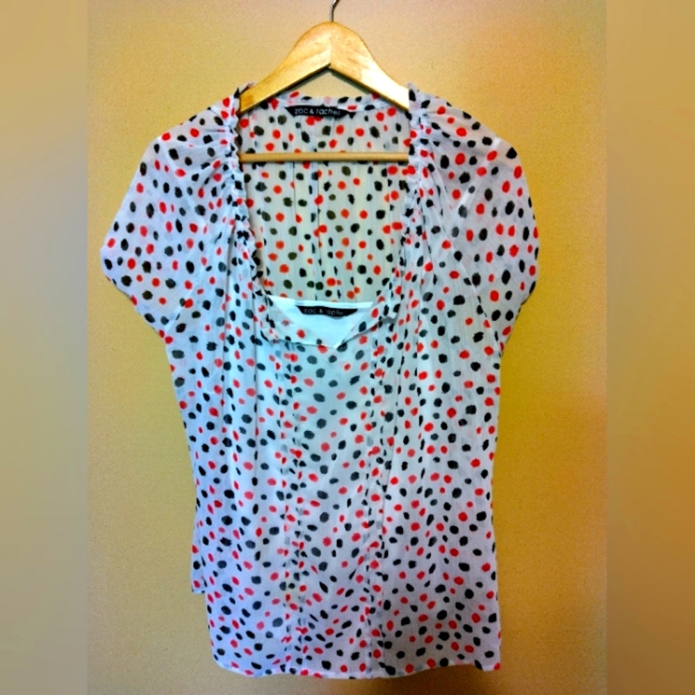 Zac & Rachel, Juniors large, black and pink polka dot short sleeve shirt.